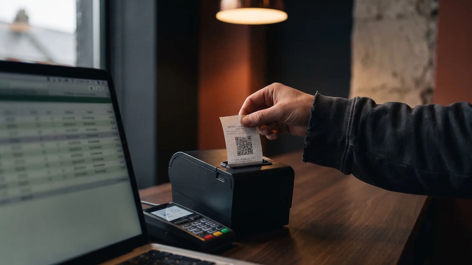 Mão a destacar uma fatura com código QR de uma pequena impressora, ao lado de um portátil com uma lista de faturas