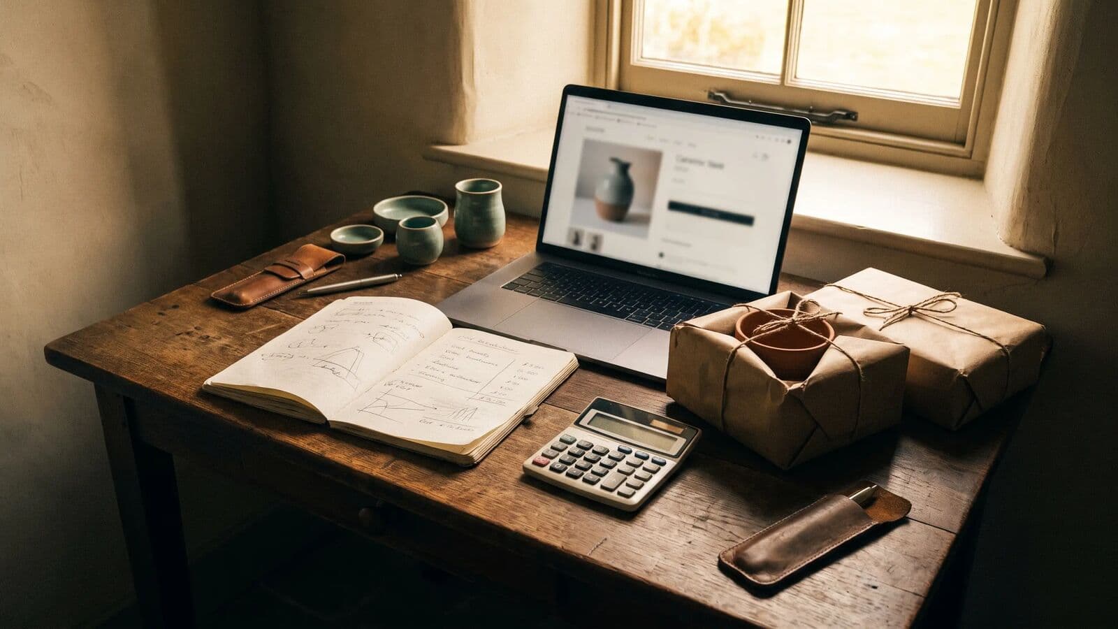 Secretária com um caderno de contas escrito a lápis, uma calculadora, um portátil com uma loja online e produtos embrulhados em papel kraft
