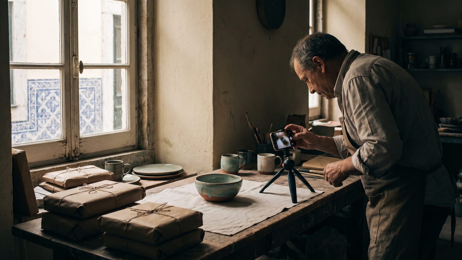 Artesão a fotografar uma taça de cerâmica com o telemóvel num tripé, numa bancada de madeira com encomendas embrulhadas em papel kraft