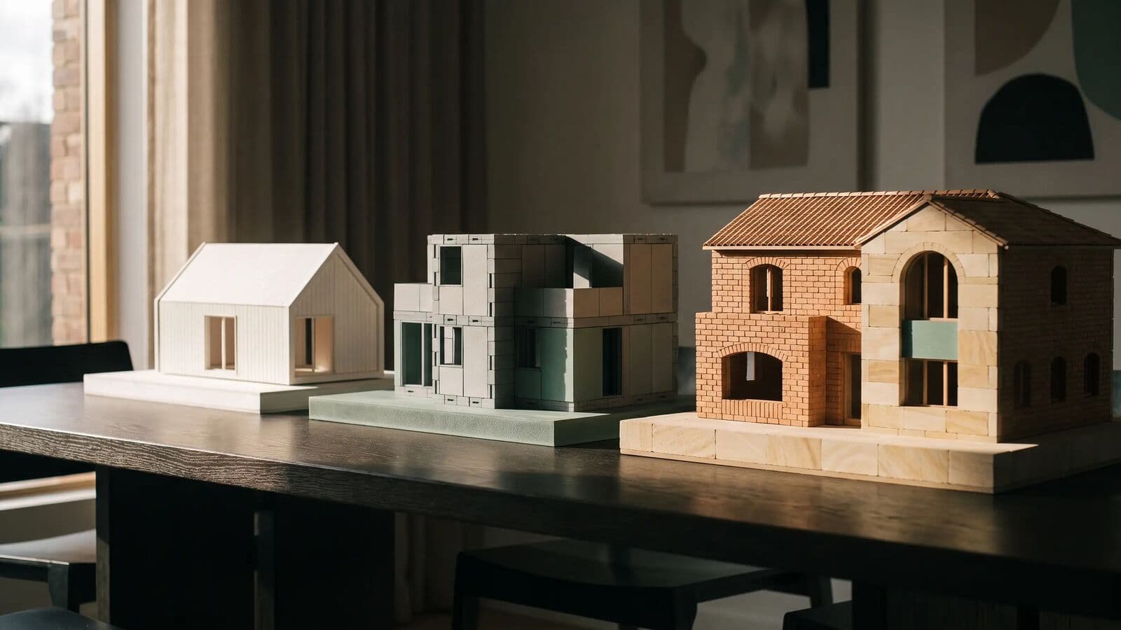 Três maquetas de casas numa mesa: uma cabana pré-fabricada, uma casa modular e uma casa feita à medida em terracota e pedra