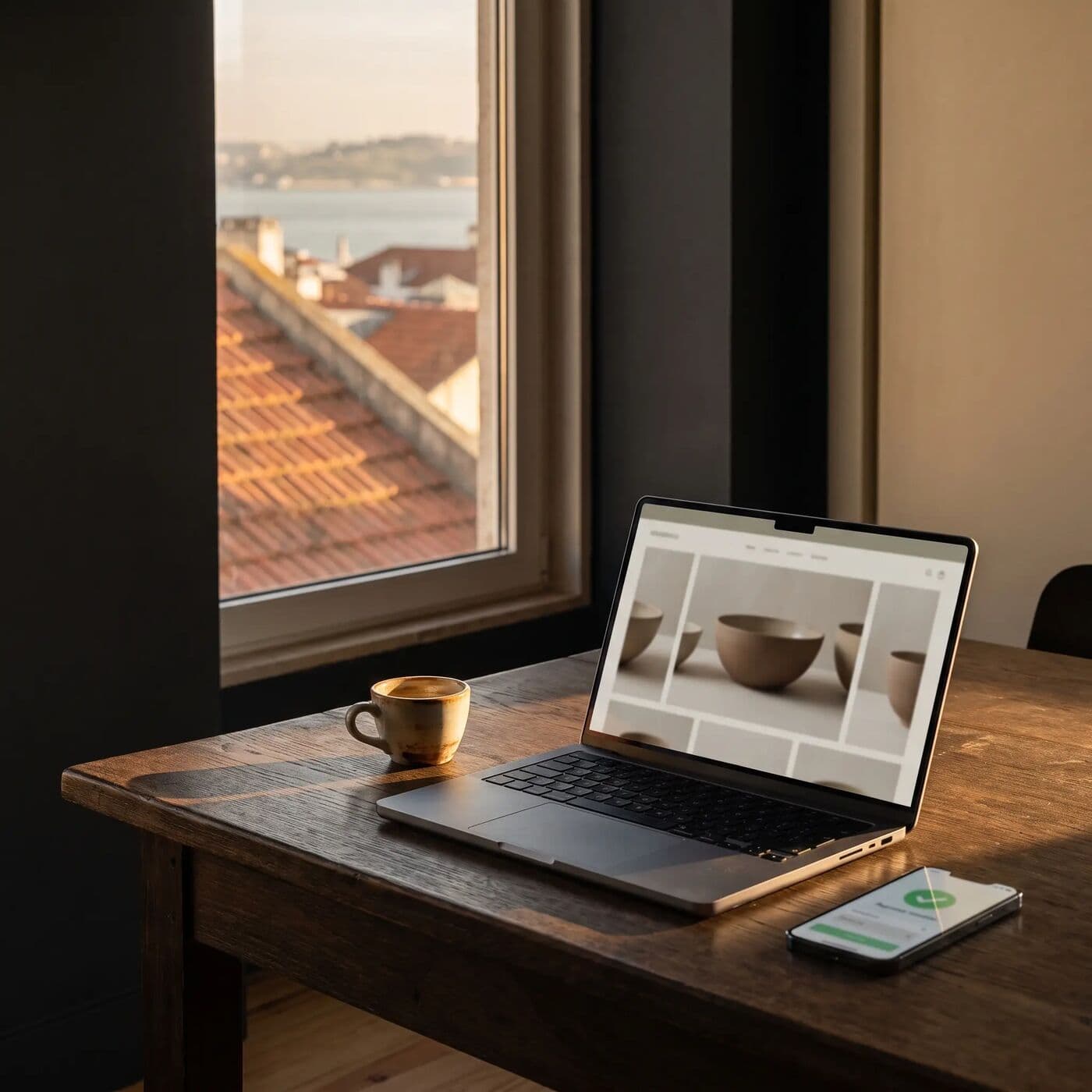 A Lisbon studio desk at golden hour, with an online store open on a laptop and a payment confirmation on a phone