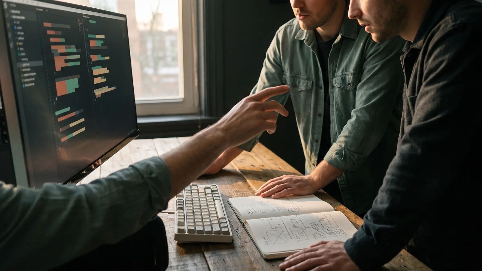 Dois programadores a trabalhar juntos no mesmo ecrã