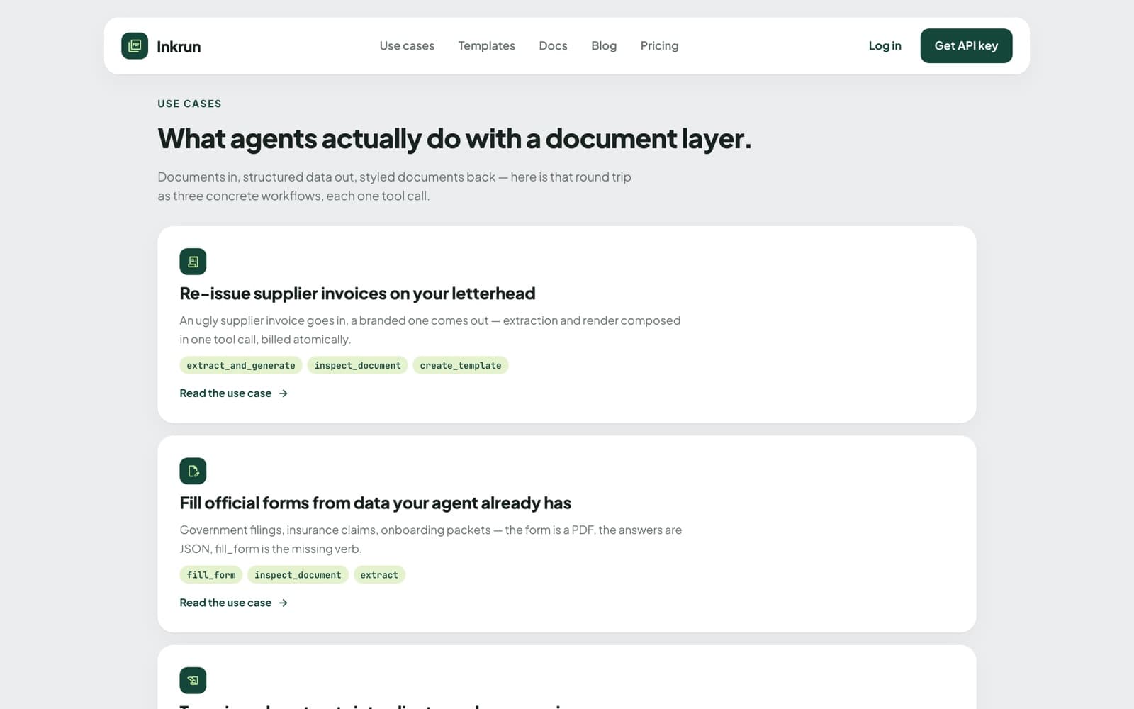 The Inkrun use cases page, with supplier invoice reissuing and official form filling