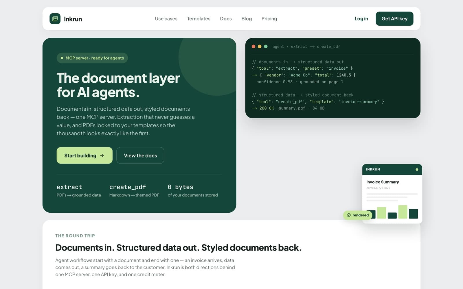 Página inicial da Inkrun, com o título “The document layer for AI agents” e um exemplo de chamadas às ferramentas extract e create_pdf