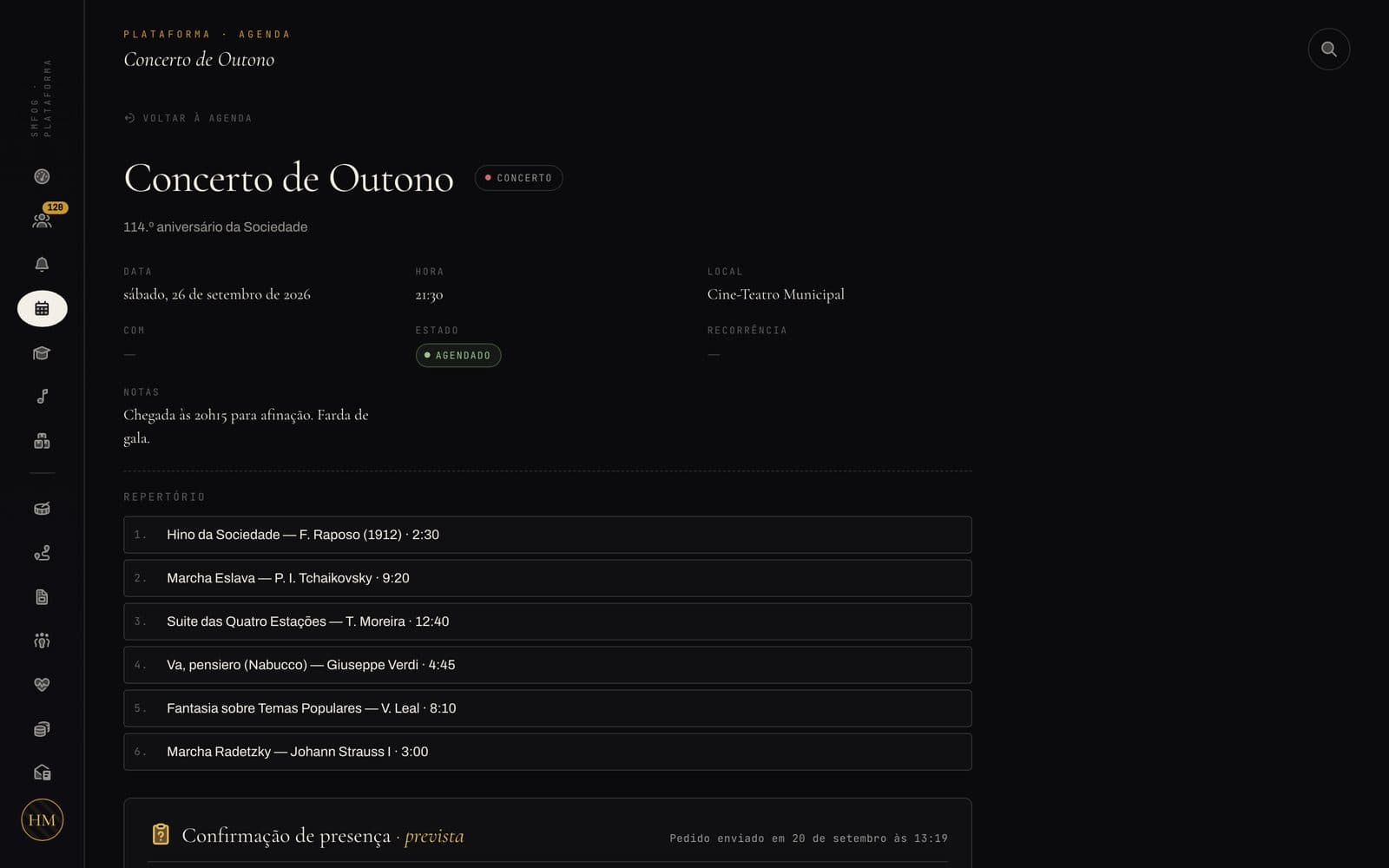 A concert page on the SMFOG platform, with the program and attendance confirmations per section