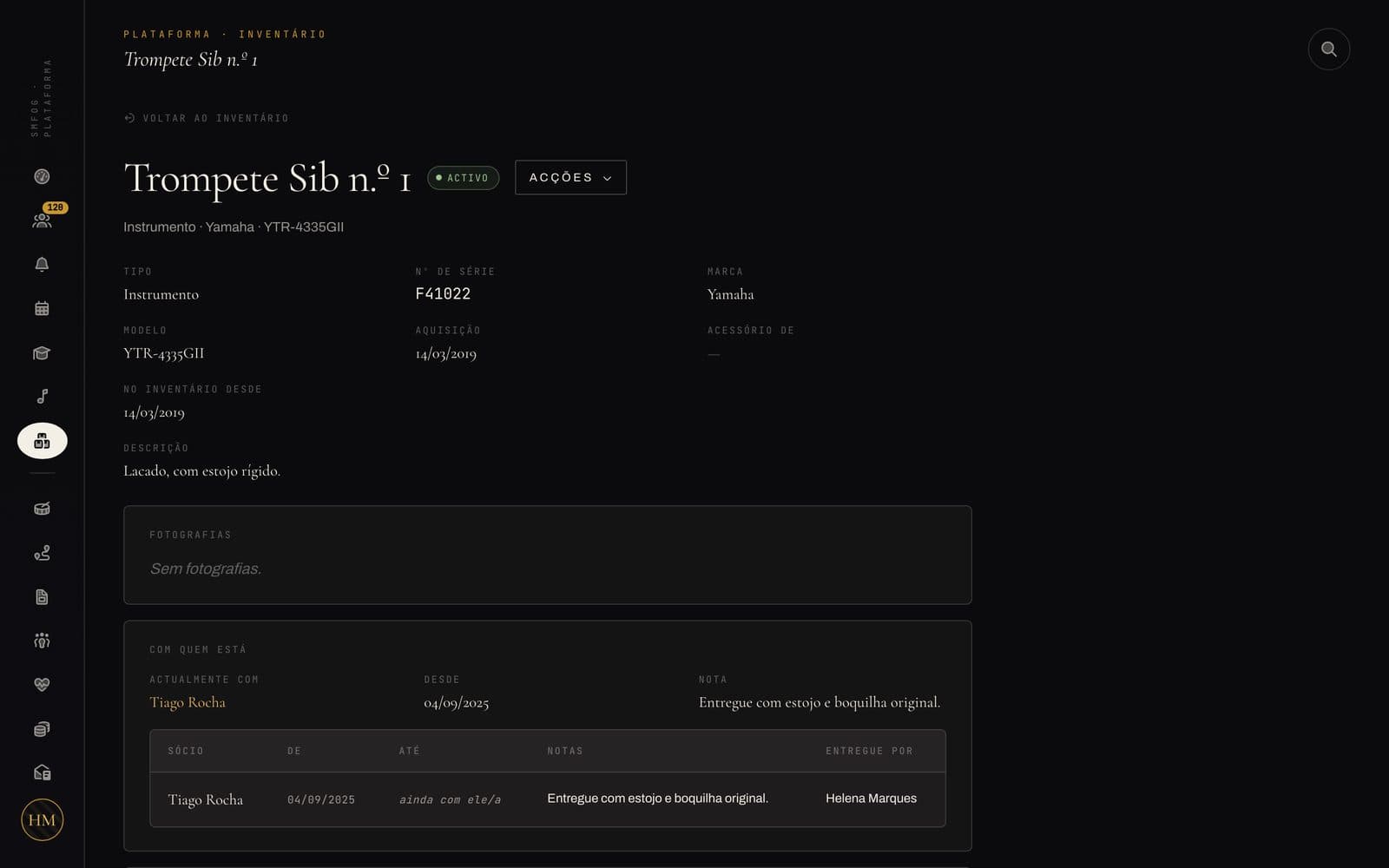 An instrument record in the SMFOG platform inventory, with its loan history