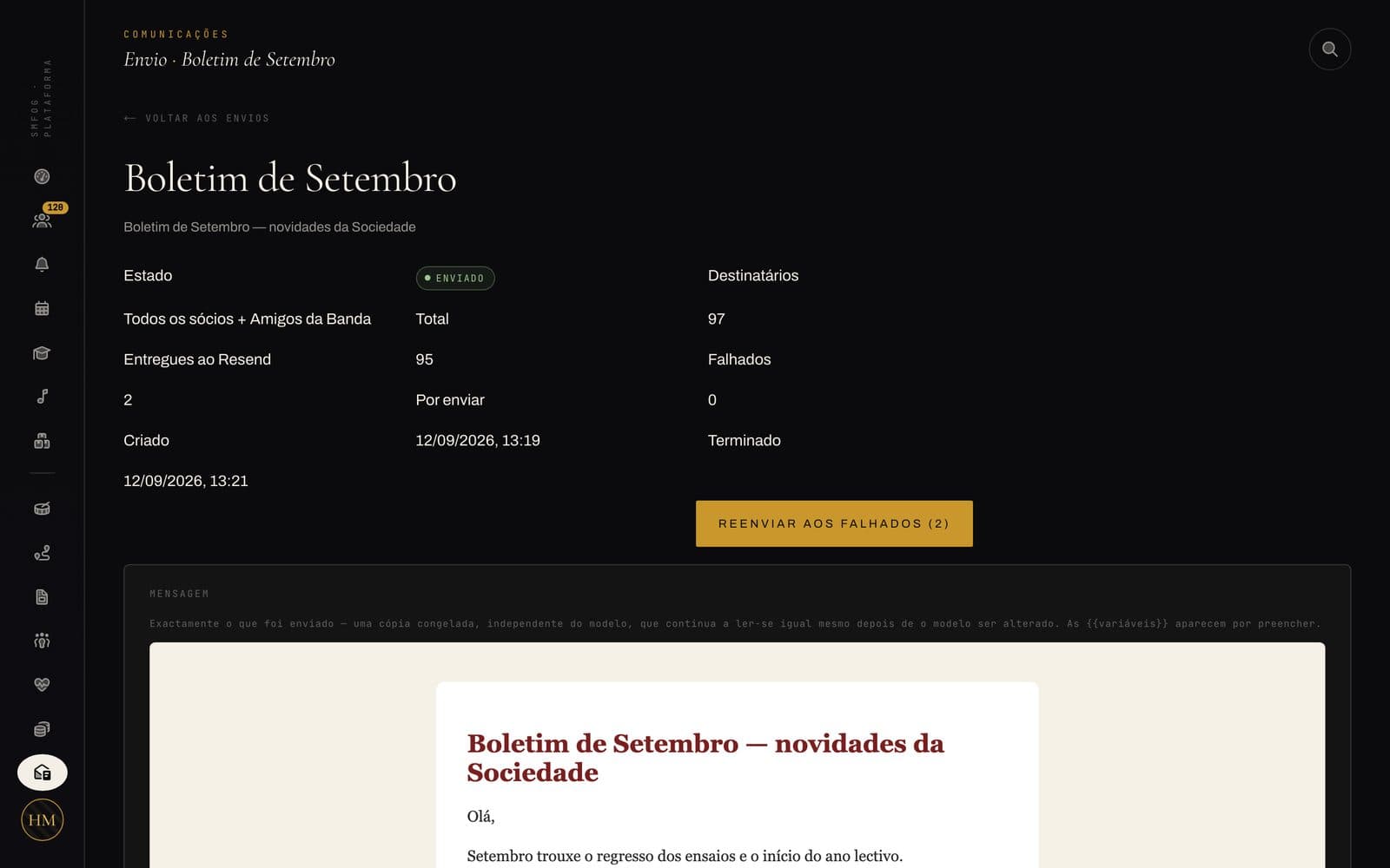 A newsletter sent from the SMFOG platform, with a delivery log per address