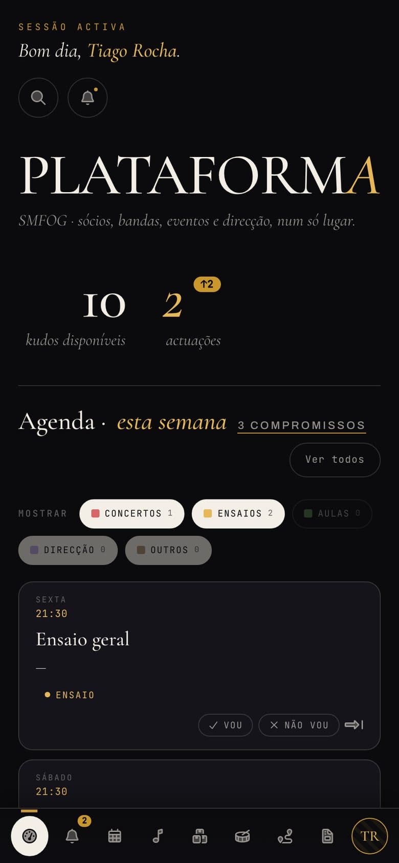 The musician dashboard of the SMFOG platform on a mobile phone
