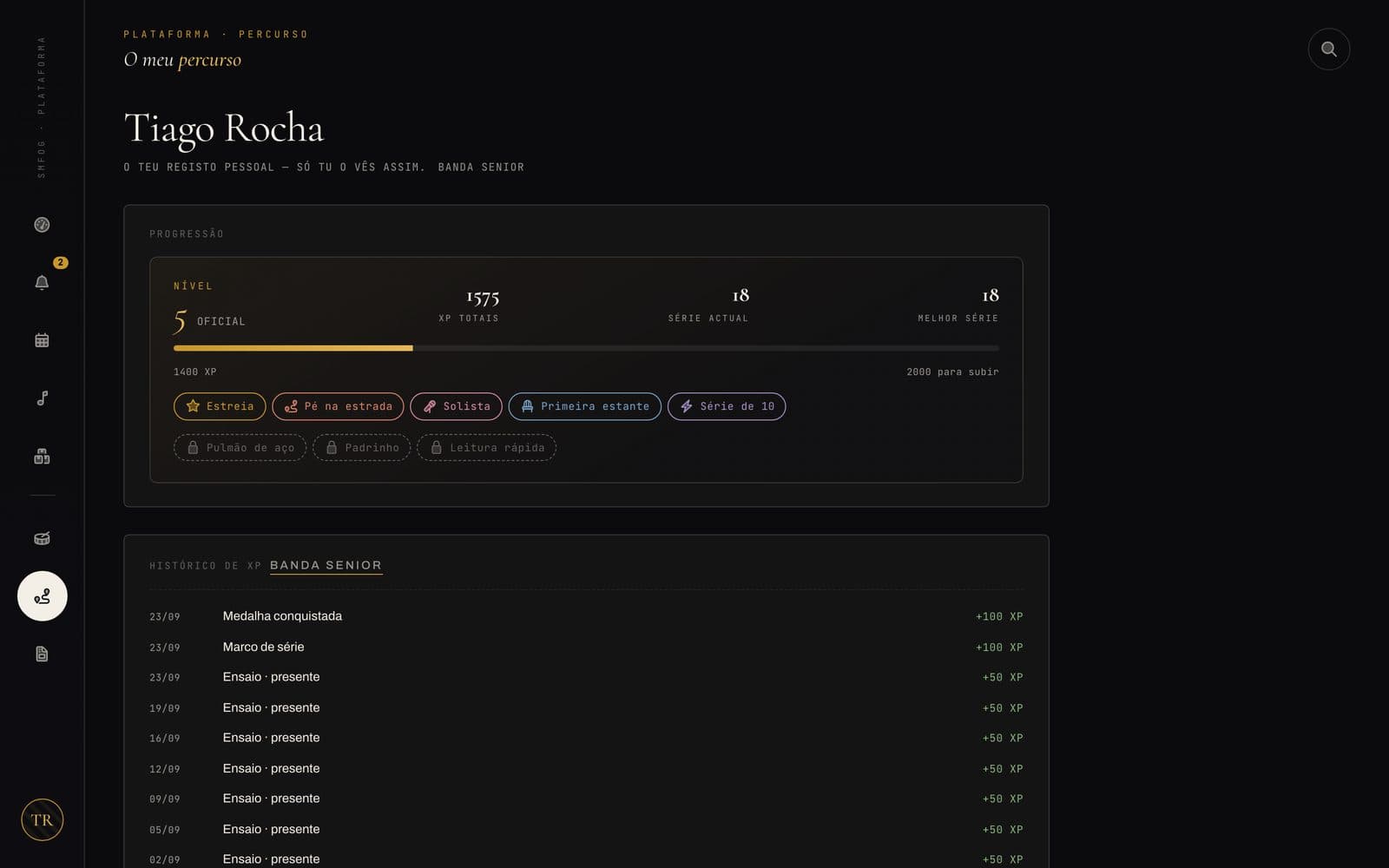 A musician's history page, with level, badges and attendance record