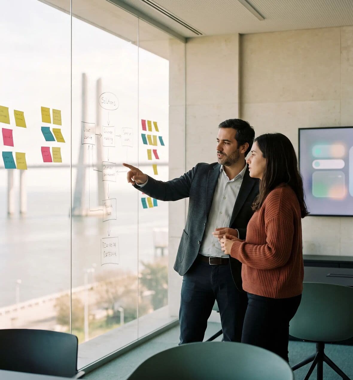 Two consultants mapping a process on a glass wall of sticky notes, with the river behind them