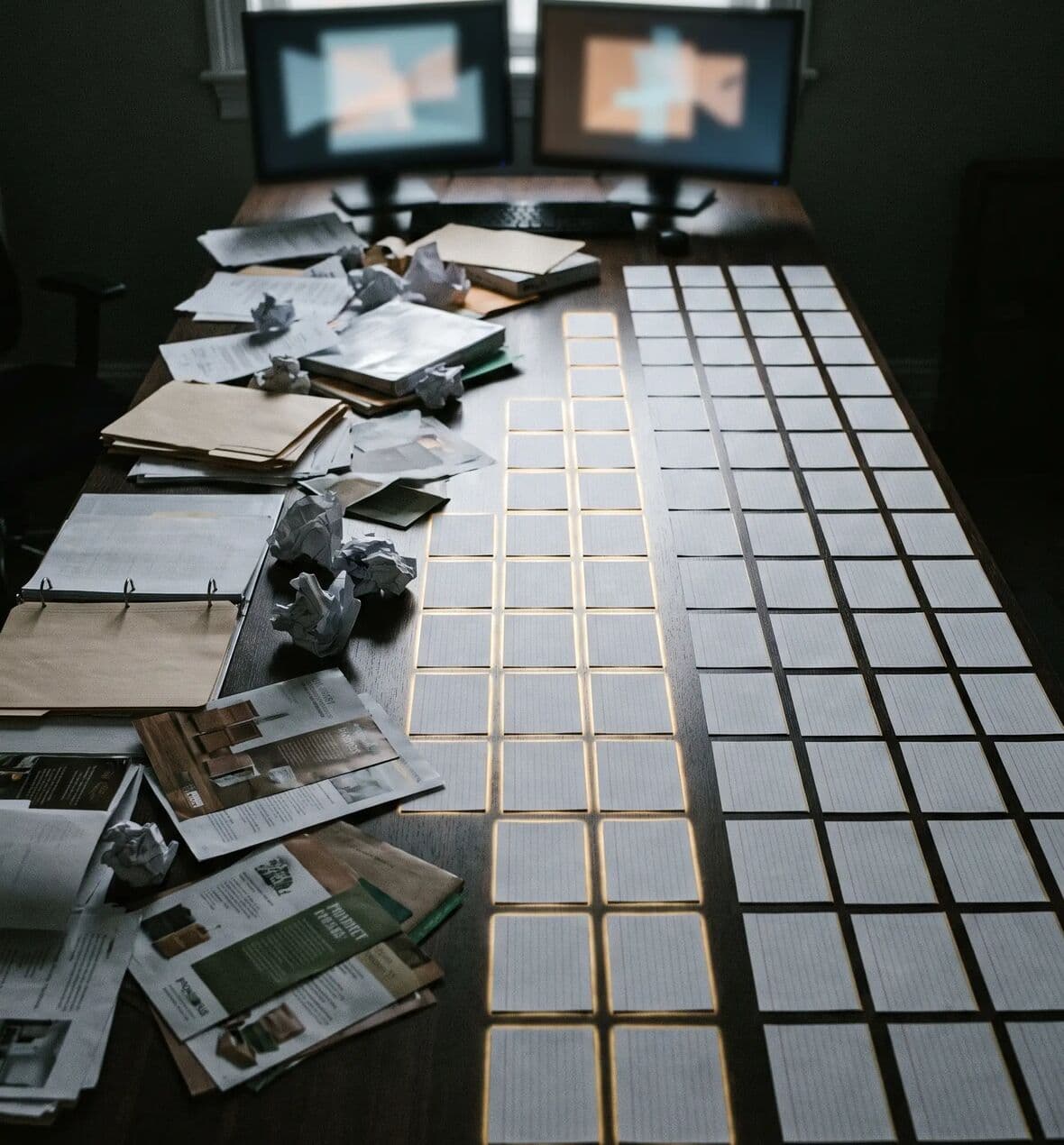 Paper documents on a table becoming an ordered grid of index cards — a metaphor for AI retrieval over company data
