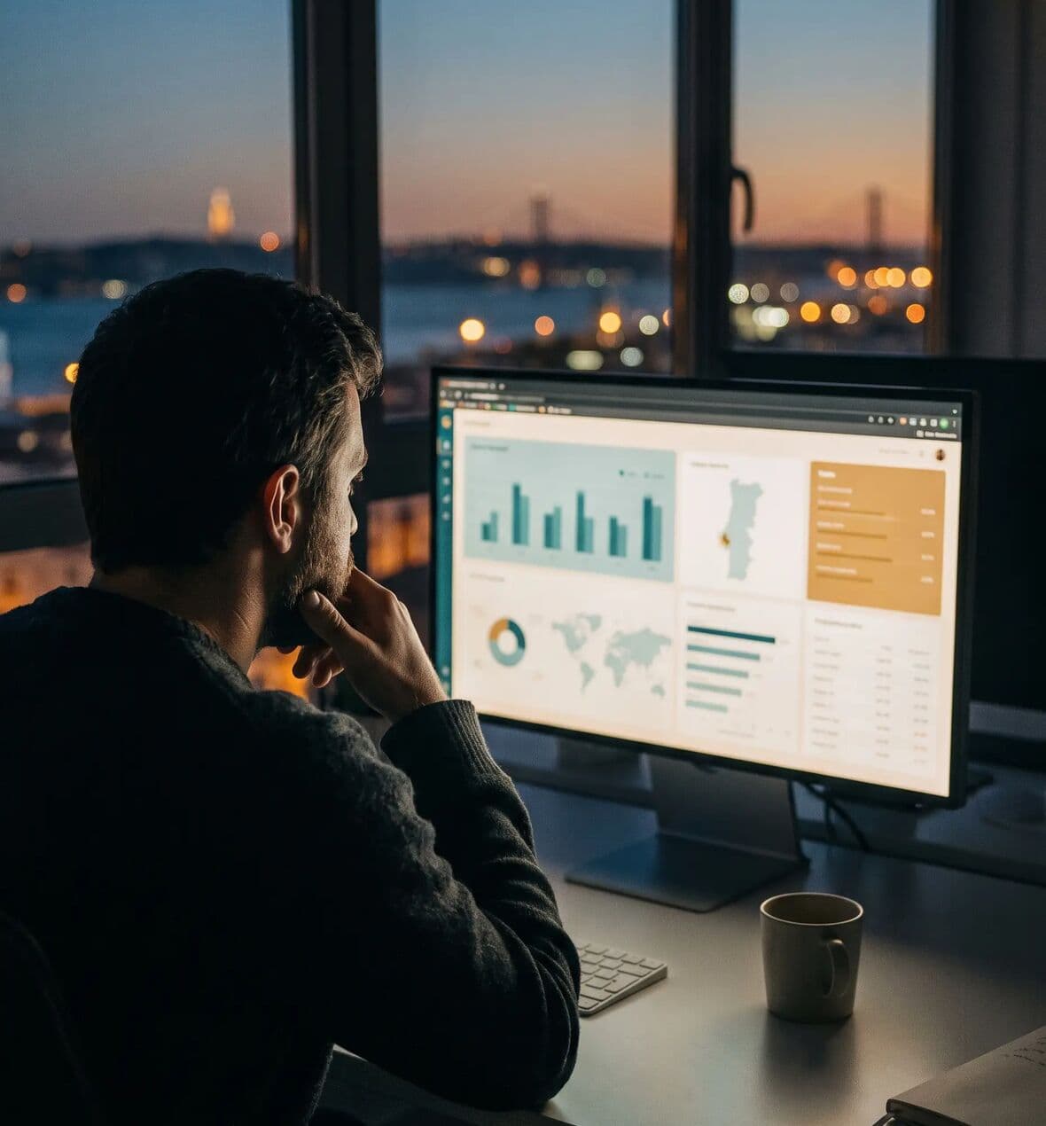 A person reviewing an operations dashboard on a large monitor in a Lisbon office at dusk